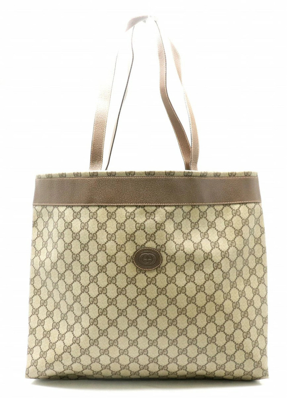 Gucci GG Plus Tote Bag Shoulder Leather Beige Brown Cream Brown